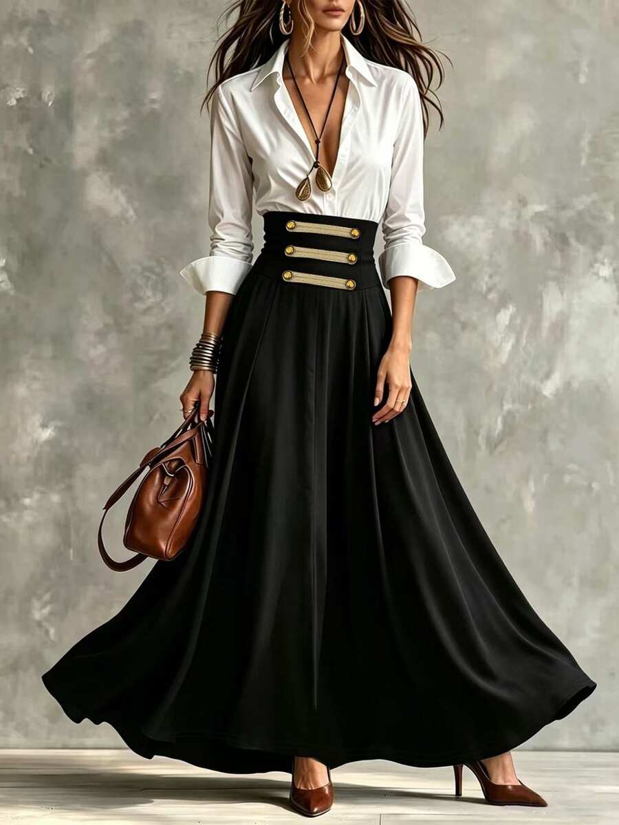 Zayélia Solid Shirt & High Waist Fold Pleated Skirt - Black and White - View 1