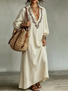 Glimmora Women's Long Casual Dress For Autumn - Apricot - View 5