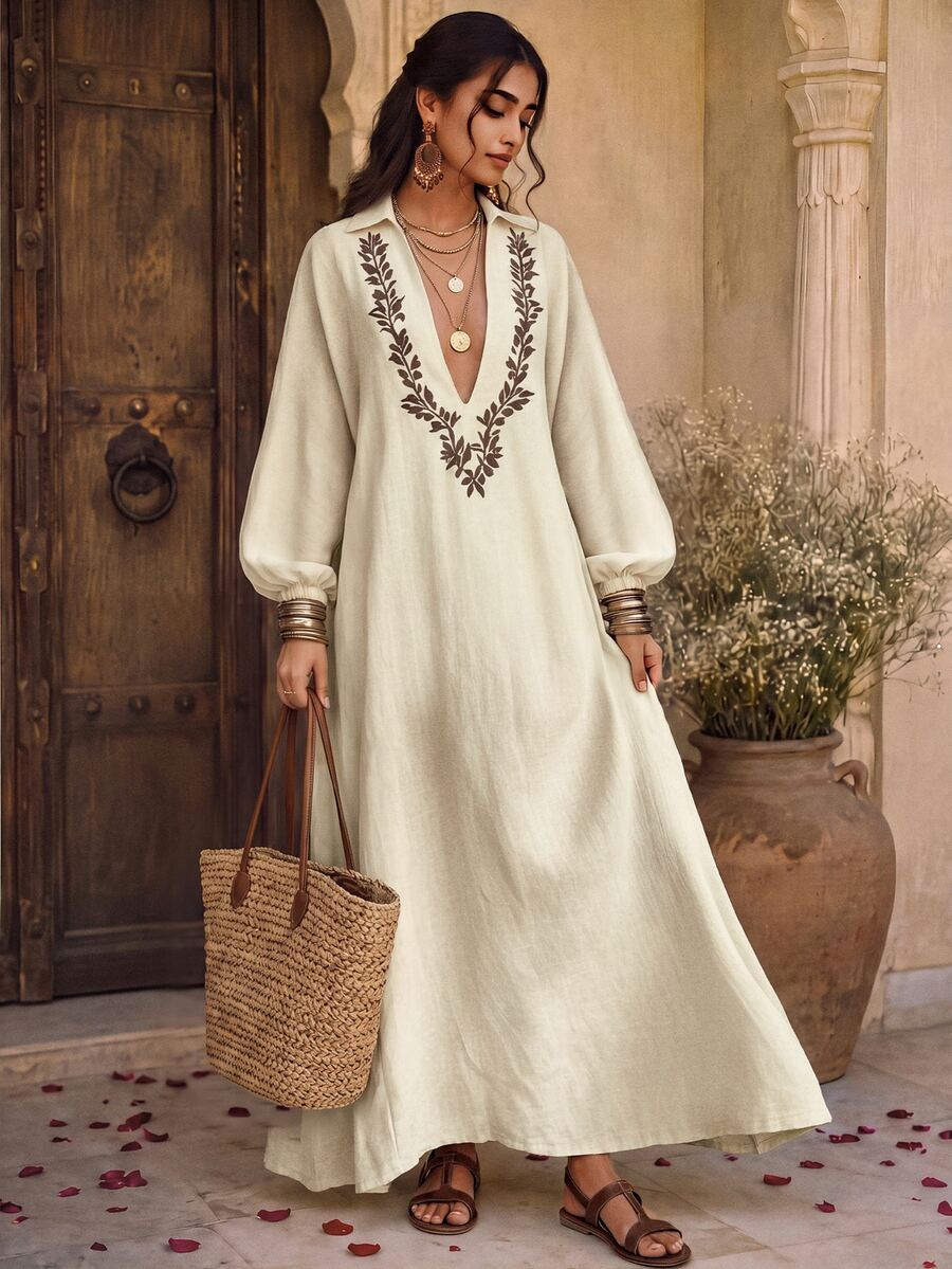 Glimmora Women's Long Casual Dress For Autumn - Apricot - View 1