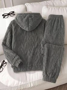 SHEIN 大童男孩休閒極簡風紋理抓絨連帽衛衣 秋冬款 - 灰色 - 查看 3