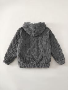 SHEIN 大童男孩休閒極簡風紋理抓絨連帽衛衣 秋冬款 - 灰色 - 查看 7