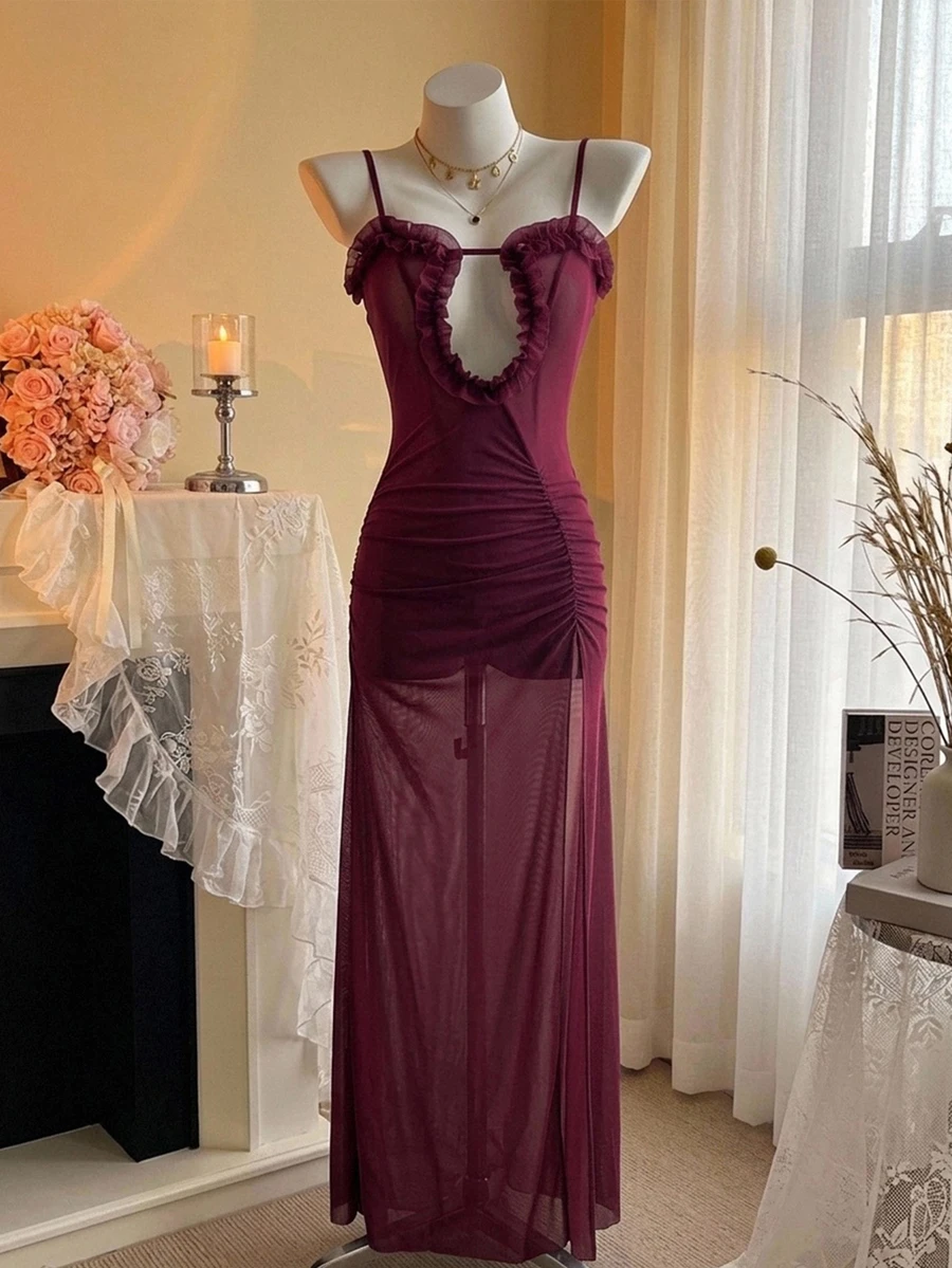 DAZY Sheer Mesh High Slit Hollow Ruffle Trim Camisole Sexy Nightgown For Going Out Lingerie For Women - Redwood - View 1