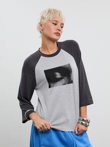 COUREZ Quarter Length Sleeve Raglan T-Shirt With Graphic / Y2K Graphic Tee Tops Fall Clothes For Women Autumn Outfits Women Halloween Party Going Out Tops - Grey - View 6