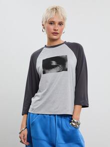 COUREZ Quarter Length Sleeve Raglan T-Shirt With Graphic / Y2K Graphic Tee Tops Fall Clothes For Women Autumn Outfits Women Halloween Party Going Out Tops - Grey - View 4