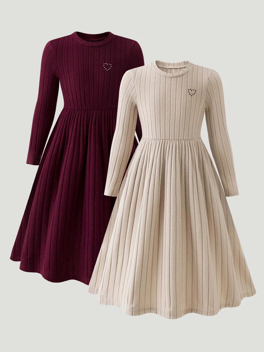 SHEIN Christmas Party Dress Tween Girl 2pcs Solid Brown And Cream Flared Dress, Elegant Contrast - Multicolor - View 1