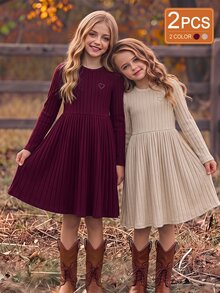 SHEIN Christmas Party Dress Tween Girl 2pcs Solid Brown And Cream Flared Dress, Elegant Contrast - Multicolor - View 3
