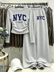 SHEIN (1 Set) Tween Girls Fall Outfits NYC Letter Print Ruched Waist Long Sleeve Tops & Wide Leg Pants, Casual Fall Clothes - Grey - View 4