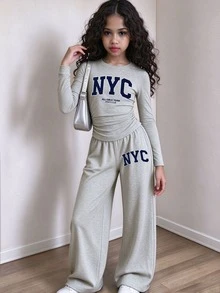 SHEIN (1 Set) Tween Girls Fall Outfits NYC Letter Print Ruched Waist Long Sleeve Tops & Wide Leg Pants, Casual Fall Clothes - Grey - View 3