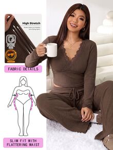 Solflare Plus Size Ribbed Lace Patchwork Top And Cinched Waist Pants 2 Pieces Set Fall,Winter,Casual,Going Out - Brown - View 1