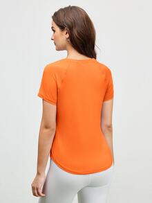 SHEIN Cheerettes Powerista 女款運動休閒上衣 素色圓領橘色袖短袖運動T恤 健身房運動衫 時尚日常穿著 瑜珈適用 - 橘色 - 查看 3