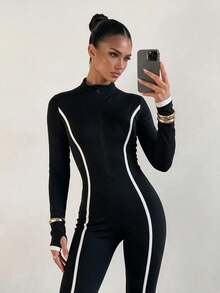 Dewbera 1 bộ jumpsuit màu đen phối tương phản, quần áo yoga Shenxiu, phù hợp tập thể dục - màu đen - Xem 8