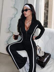 Dewbera 1 bộ jumpsuit màu đen phối tương phản, quần áo yoga Shenxiu, phù hợp tập thể dục - màu đen - Xem 5
