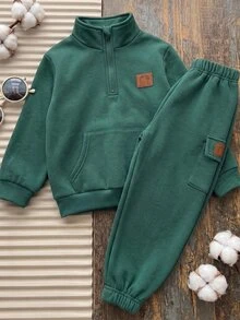 SHEIN Little Byeori 2件組小男孩休閒舒適百搭立領半拉鍊套頭衛衣，秋冬款，口袋裝飾，對比編織鬆身設計 - 墨綠色 - 查看 6
