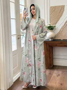 Mulvari Sage Green Floral Print Daily Morning Ninang Wedding Elegant Modest Commute Christening Guest Formal Women's Abaya Fall - Multicolor - View 8