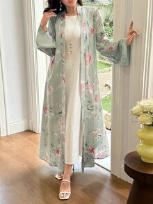 Mulvari Sage Green Floral Print Daily Morning Ninang Wedding Elegant Modest Commute Christening Guest Formal Women's Abaya Fall - Multicolor - View 5