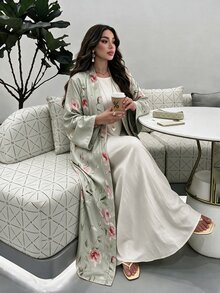 Mulvari Sage Green Floral Print Daily Morning Ninang Wedding Elegant Modest Commute Christening Guest Formal Women's Abaya Fall - Multicolor - View 2