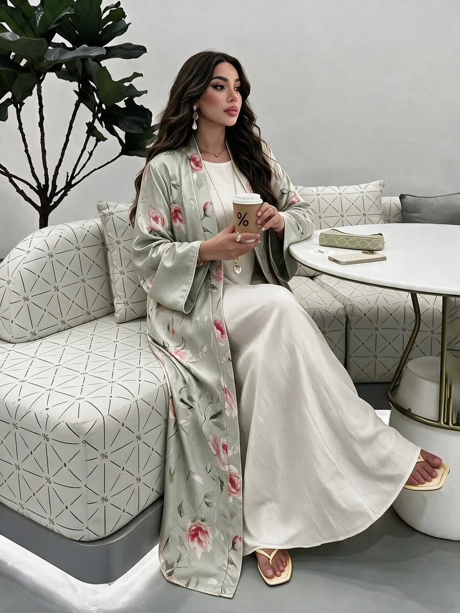 Mulvari Sage Green Floral Print Daily Morning Ninang Wedding Elegant Modest Commute Christening Guest Formal Women's Abaya Fall