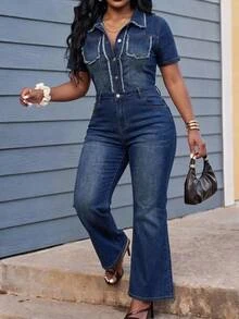Slaydiva Plus Size Women's Frayed Hem Casual Loose Fit Everyday Denim Jumpsuit Going Out Beach Fall Halloween - Medium Wash - View 5