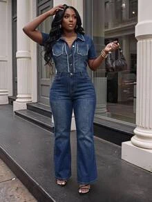 Slaydiva Plus Size Women's Frayed Hem Casual Loose Fit Everyday Denim Jumpsuit Going Out Beach Fall Halloween - Medium Wash - View 2