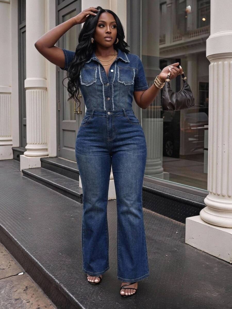 Slaydiva Plus Size Women's Frayed Hem Casual Loose Fit Everyday Denim Jumpsuit Going Out Beach Fall Halloween