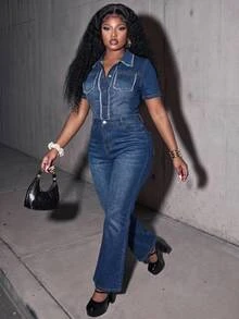 Slaydiva Plus Size Women's Frayed Hem Casual Loose Fit Everyday Denim Jumpsuit Going Out Beach Fall Halloween - Medium Wash - View 7