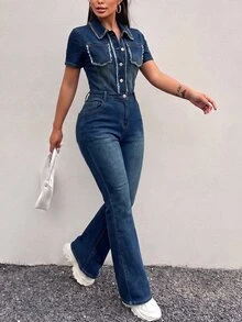 Slaydiva Plus Size Women's Frayed Hem Casual Loose Fit Everyday Denim Jumpsuit Going Out Beach Fall Halloween - Medium Wash - View 8