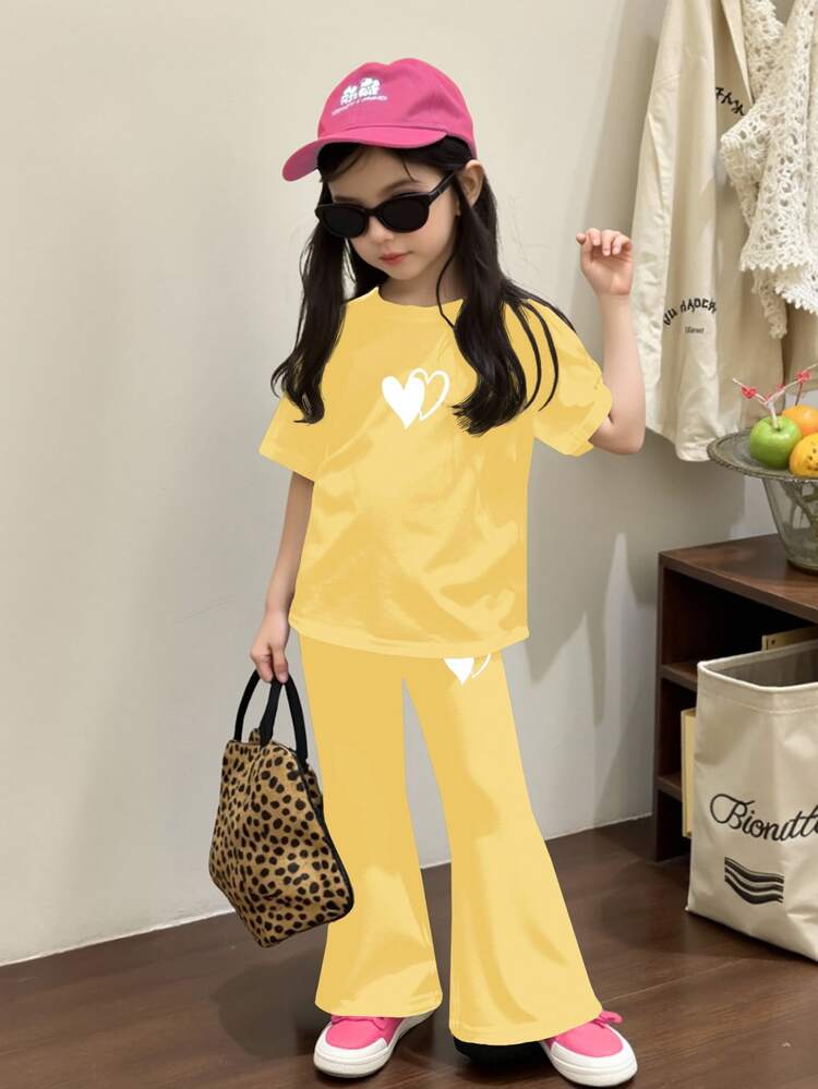 SHEIN Girlism Tween Girls Casual Minimalist Short Sleeve And Pants 2 Pieces Set, Suitable For Summer - Yellow - View 6
