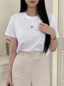 DAZY 女士夏季心形中空短袖圓領休閒T恤 - 白色 - 查看 9