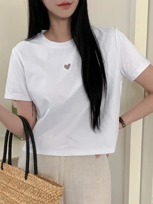 DAZY 女士夏季心形中空短袖圓領休閒T恤 - 白色 - 查看 5