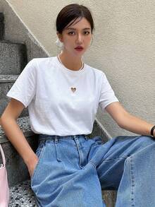 DAZY 女士夏季心形中空短袖圓領休閒T恤 - 白色 - 查看 13