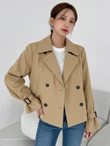 DAZY 女式纯色双排扣长袖风衣，秋季女式夹克，秋季女装 - 卡其色 - 查看 1