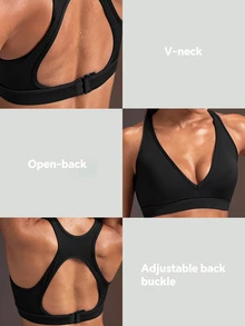 Powerista Women's Black V-Neck Back Hook Closure Medium-Low Impact Sports Bra(Suitable For Jogging And Workout) Gym Fall Modest Basic Athleisure - Black - View 3