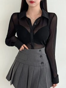 DAZY Women'S Single Breasted Mesh Long Sleeve Top Going Out Tops Sheer,Fall Women Clothes - Black - View 6