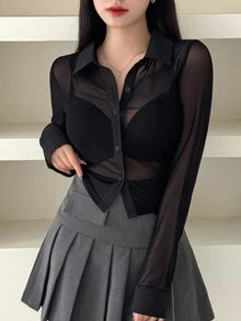 DAZY Women'S Single Breasted Mesh Long Sleeve Top Going Out Tops Sheer,Fall Women Clothes - Black - View 2