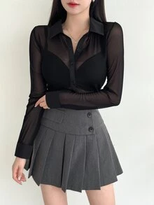 DAZY Women'S Single Breasted Mesh Long Sleeve Top Going Out Tops Sheer,Fall Women Clothes - Black - View 4