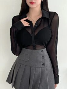 DAZY Women'S Single Breasted Mesh Long Sleeve Top Going Out Tops Sheer,Fall Women Clothes - Black - View 5