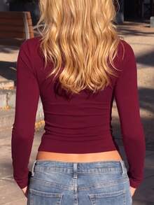 Glimmora Lace Patchwork Design Fashionable Minimalist Women's Square Neck Long Sleeve T-Shirt, Gift For Friends - Burgundy - View 2