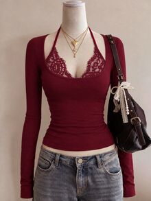 Glimmora Lace Patchwork Design Fashionable Minimalist Women's Square Neck Long Sleeve T-Shirt, Gift For Friends - Burgundy - View 4
