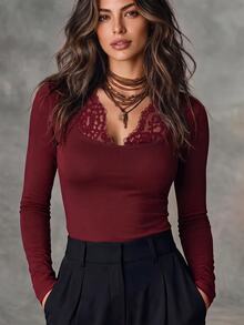 Glimmora Lace Patchwork Design Fashionable Minimalist Women's Square Neck Long Sleeve T-Shirt, Gift For Friends - Burgundy - View 3