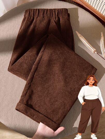 Rusticease Plus Size Women's Casual Retro 80s Corduroy Brown Solid Color Long Pants With Pockets Autumn/Winter Fall Thanksgiving Home Wear Beach Party Birthday