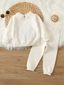 SHEIN 中性嬰兒男/女童、幼兒 2件組秋冬抓絨內裡加厚可愛動物圖案毛衣套裝，嬰兒毛衣套裝，聖誕節 - 杏色 - 查看 2
