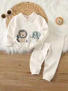 SHEIN 中性嬰兒男/女童、幼兒 2件組秋冬抓絨內裡加厚可愛動物圖案毛衣套裝，嬰兒毛衣套裝，聖誕節 - 杏色 - 查看 1