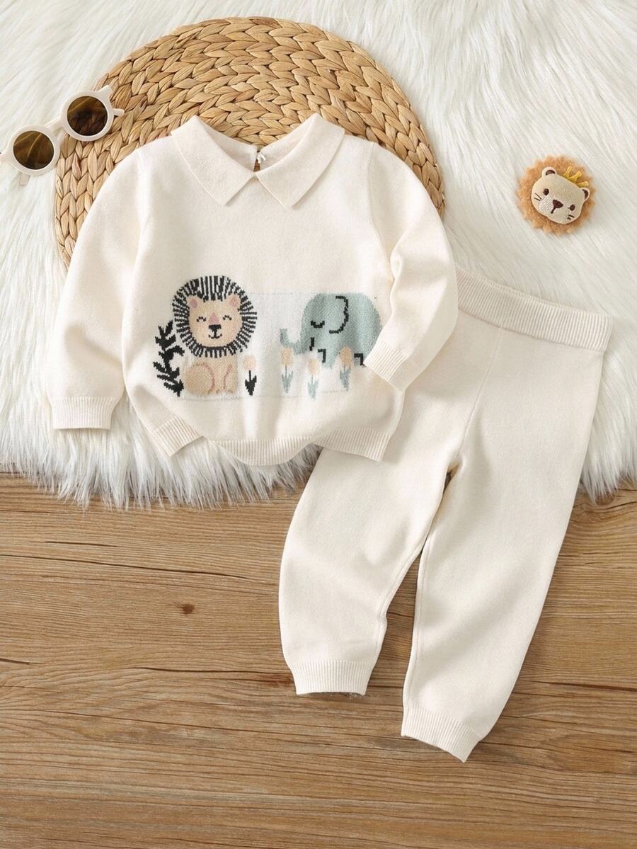 SHEIN 中性嬰兒男/女童、幼兒 2件組秋冬抓絨內裡加厚可愛動物圖案毛衣套裝,嬰兒毛衣套裝,聖誕節 - 杏色 - 查看 1