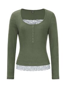 SHEIN Women Crew Neck Lace Patchwork Distressed Ribbed Brown T-Shirt, 2 In 1, Autumn/Winter Fall Cloth For Women - Army Green - View 7