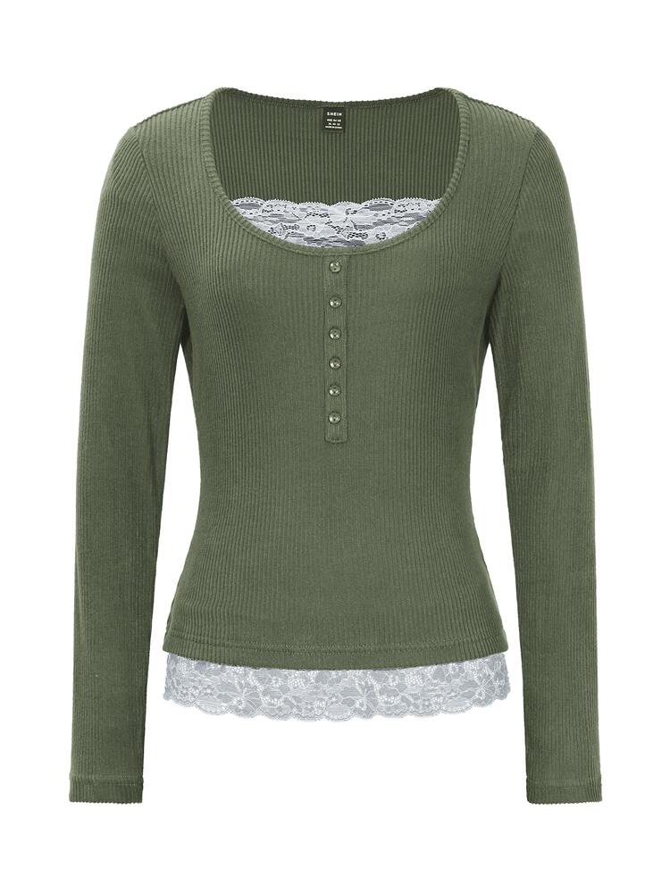 SHEIN Women Crew Neck Lace Patchwork Distressed Ribbed Brown T-Shirt, 2 In 1, Autumn/Winter Fall Cloth For Women - Army Green - View 7
