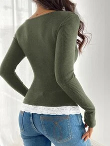 SHEIN Women Crew Neck Lace Patchwork Distressed Ribbed Brown T-Shirt, 2 In 1, Autumn/Winter Fall Cloth For Women - Army Green - View 2