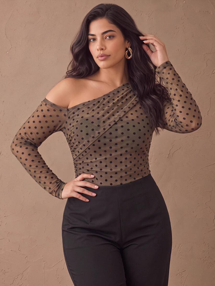 GlowEve CURVE Women's Plus Size Dark Brown Polka Dot Asymmetric Ruched Long-Sleeve Bodysuit,One-Shoulder High-Cut Base Layer,Occasion Wear For Daily Commute Date - Brown - View 1