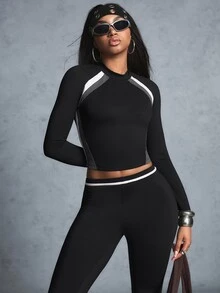 Innovista Innovista Women's Fall Black Contrast Color Raglan Sports T-Shirt Long Sleeve Soft Chic Cute Fitness Gym Yoga Hiking Lounge Travel Casual Matching Sporty Outfit - Black - View 12