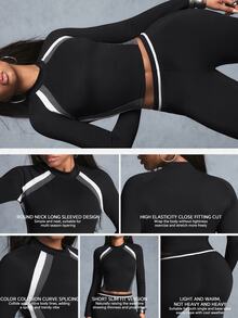 Innovista Innovista Women's Fall Black Contrast Color Raglan Sports T-Shirt Long Sleeve Soft Chic Cute Fitness Gym Yoga Hiking Lounge Travel Casual Matching Sporty Outfit - Black - View 6