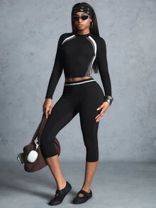 Innovista Innovista Women's Fall Black Contrast Color Raglan Sports T-Shirt Long Sleeve Soft Chic Cute Fitness Gym Yoga Hiking Lounge Travel Casual Matching Sporty Outfit - Black - View 11